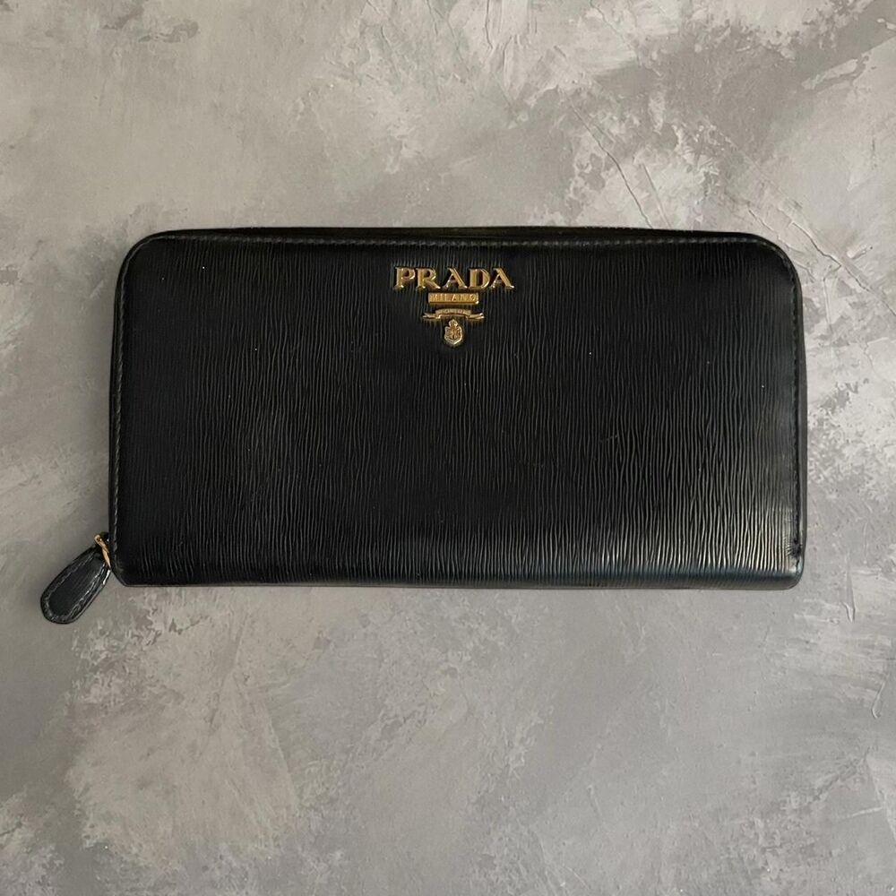 Prada Black Saffiano Leather Zip Around Wallet Gold Logo